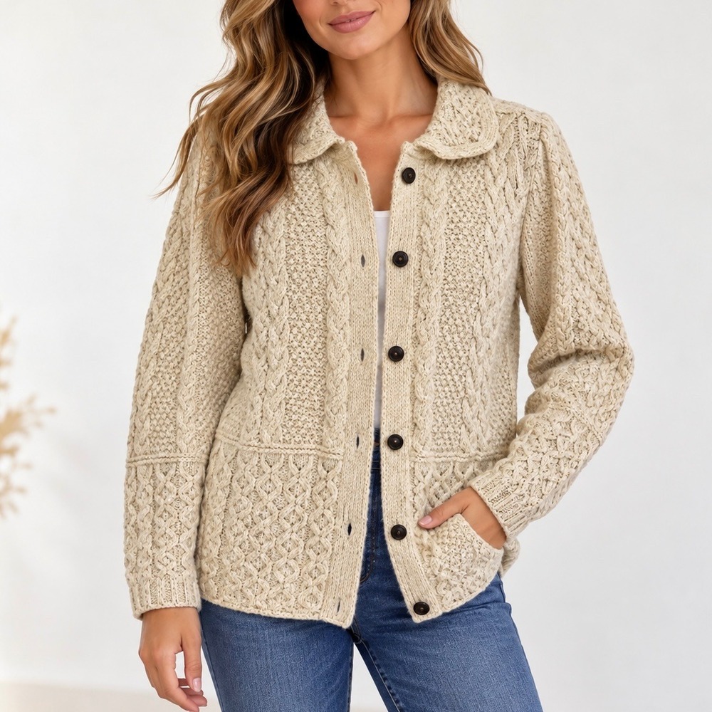 Peregrine Cardigan Sweater Womens Medium Cream Pure New Wool Cable Knit England